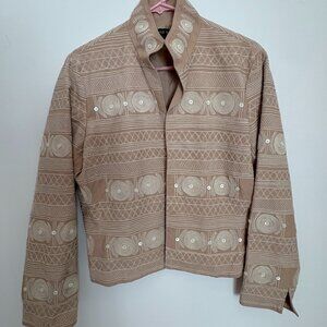 ANNE KLEIN beige cotton blend jacket w/geometric embroidery/button accents sz10
